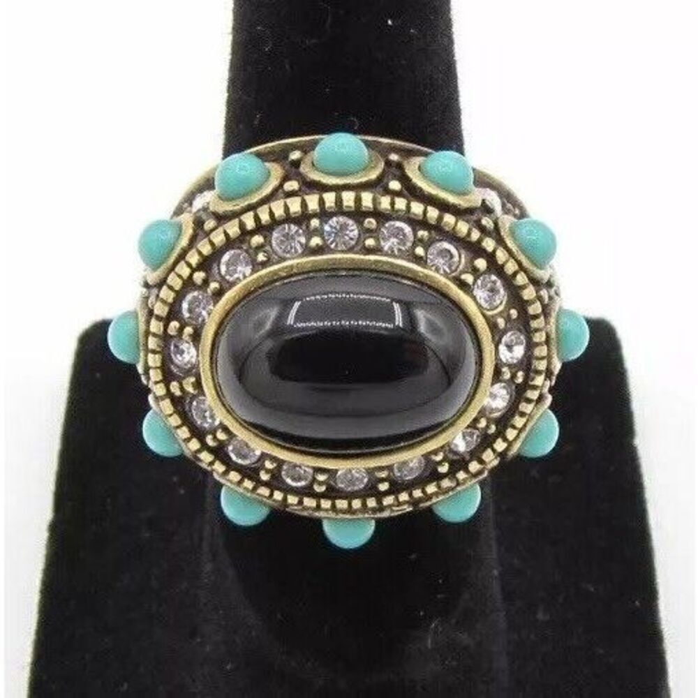 HEIDI DAUS Black and Turquoise with white crystal Ring in Sz 5